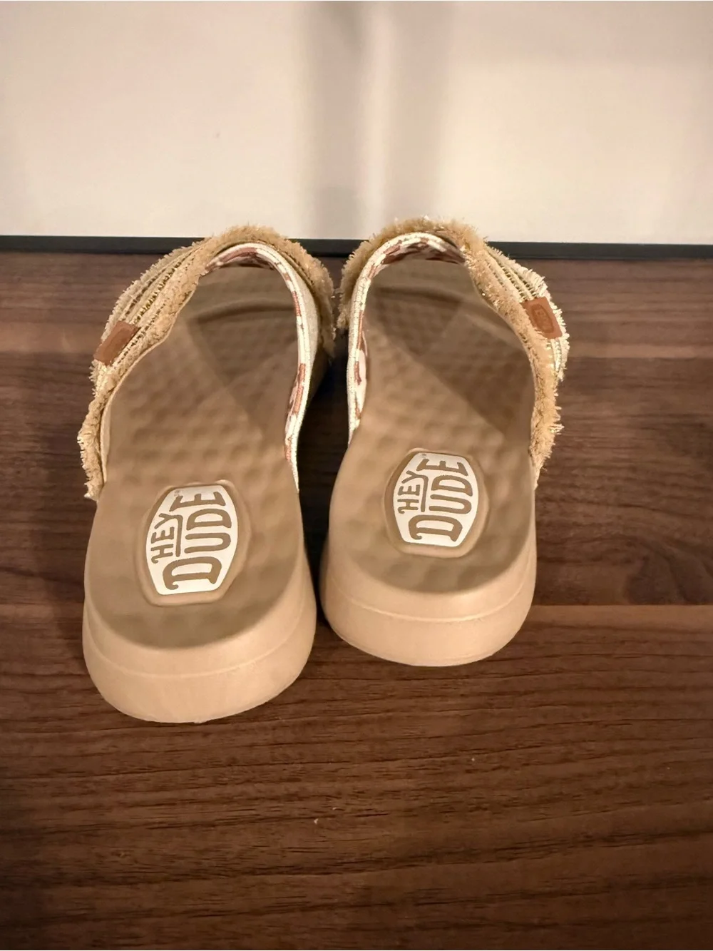 Hey Dude Women's Tan Slide Sandals with Gold Accent Straps